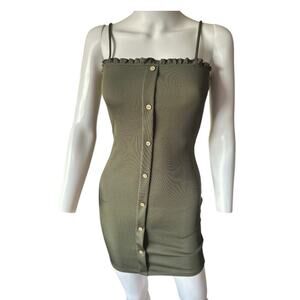 Almost Famous Small Bodycon Mini Olive Green Button Front Spaghetti Strap Dress‌